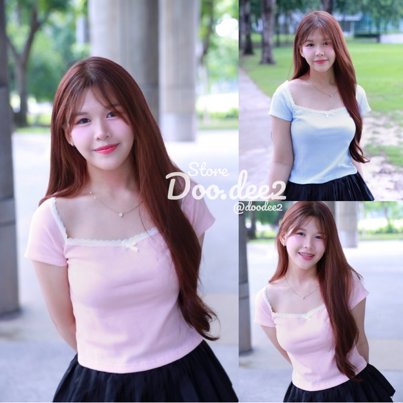 ♦️DOODEE2♦️เสื้อคอเหลี่ยม คอกว้าง ผ้ารังผึ้ง แต่งลูกไม้นิ้มๆ รอบคอ – โปรปัง