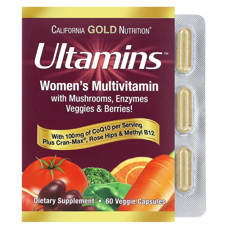 Ultamins Women's Multivitamin with CoQ10 Mushrooms Enzymes Veggies & Berries 60 Veggie Capsules