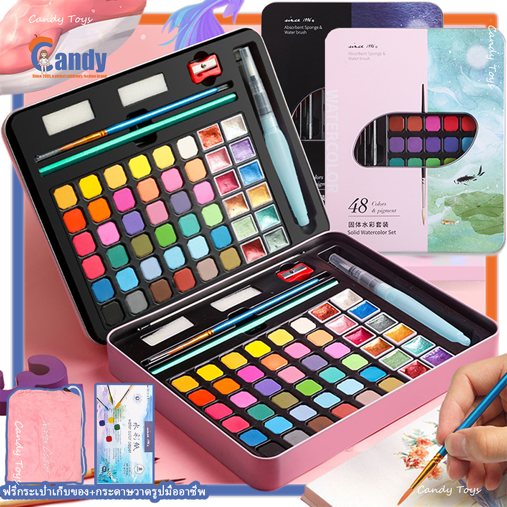 Giorgione ชุดระบายสีน้ำ สีน้ำก้อน 36 สี 48 สี มาพร้อม ปากกาพู่กันน้ำแบบเติม ดินสอ พู่กัน กระตุ้นจินตนาการของเด็กๆ