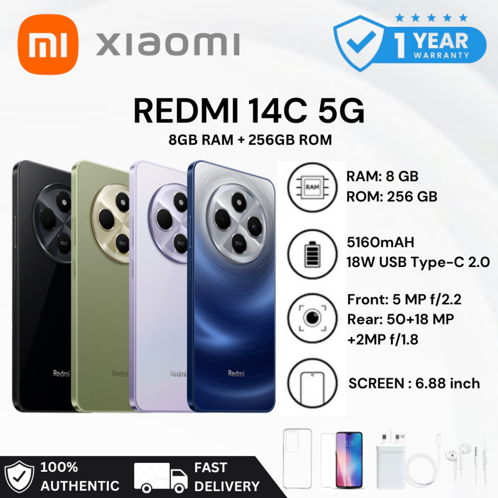 สมาร์ทโฟน Redmi 14C (8GB+256GB) หน้าจอ 6.88 นิ้ว แบตเตอรี่ 5,160mAh รองรับการชาร์จเร็ว 18W รับประกันร้านหนึ่งปี