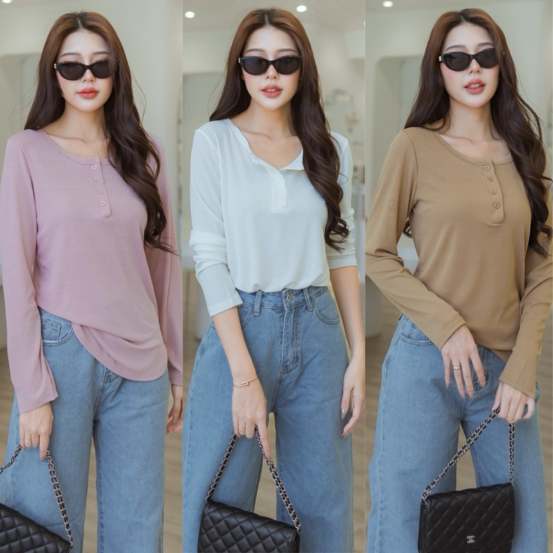 223 เสื้อคอกลมแขนยาวแต่งกระดุมหน้าสไตล์เบสิค (ผ้าสลาฟเกาหลี)