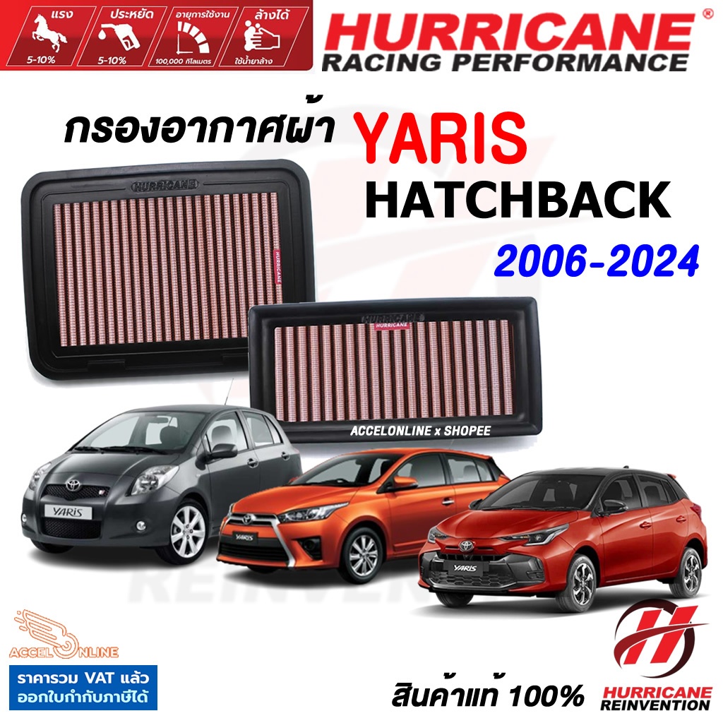 Hurricane กรองอากาศ TOYOTA Yaris Hatchback ใส้กรองอากาศ ล้างได้ เพิ่มแรงม้า สินค้าแท้ ยาริส 5ประตู