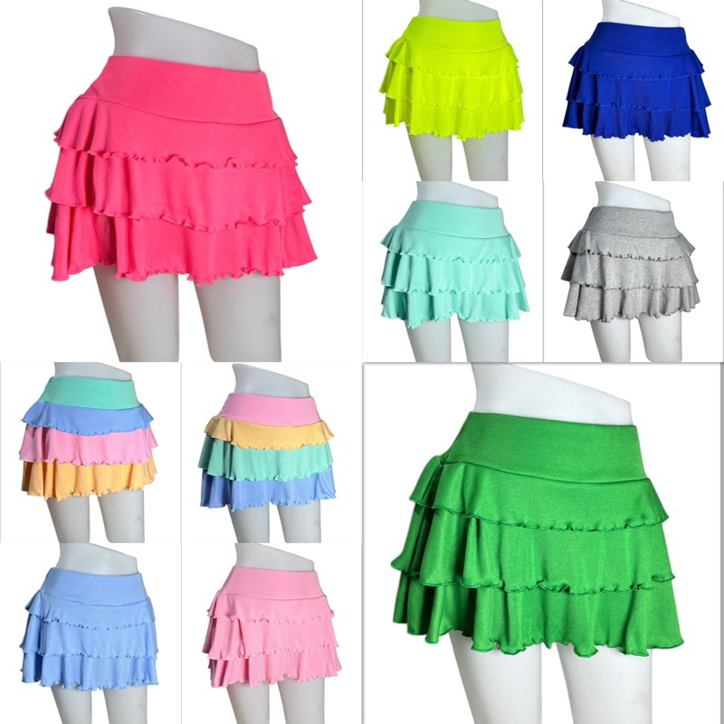 Sns374🦄กระโปรงบาน🦄แต่งระบายสามชั้น🦄ผ้ายืดร่อง1x1