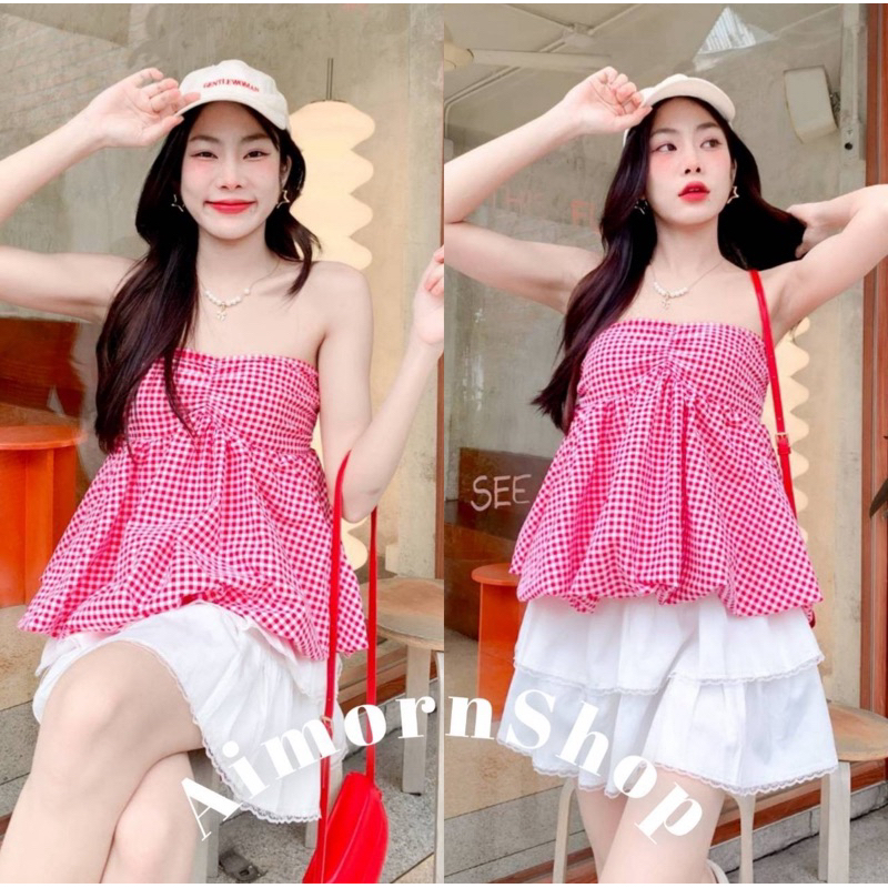 aimorn_shop เสื้อเกาะอก ทรงบอลลูน ลายสก็อต ด้านหลังเป็นสม็อค แมชท์ง่ายกว่าที่คิด