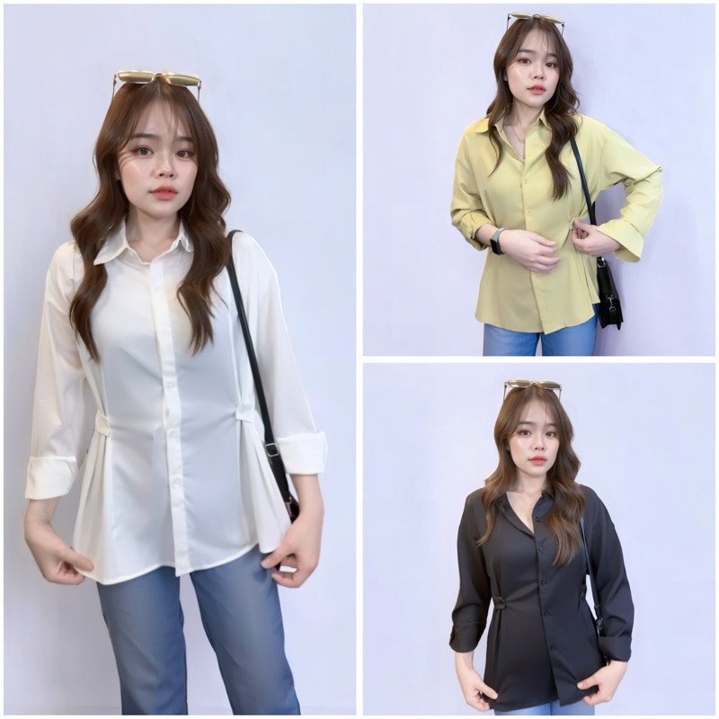 A6019 เสื้อเชิ้ตทำงาน เสื้อเชิ้ตผ้าพื้น มีกระดุมข้างปรับเอวได้ งานป้ายพร้อมส่ง