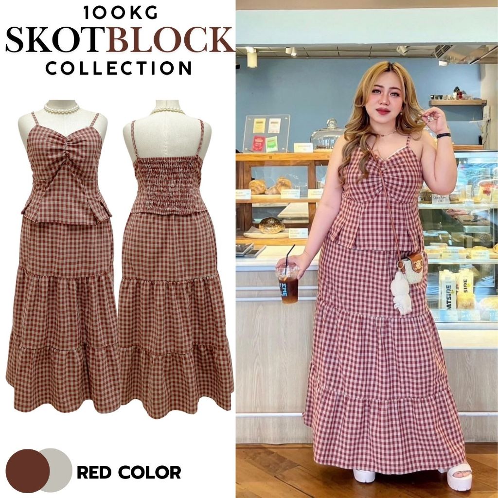 Plus size ชุดเซ็ท2ชิ้น เสื้อสายเดี่ยวบราแต่งจีบอก+กระโปรงยาว3ชั้น ทรงสวยวินเทจ รุ่นสก็อตบล็อค(F27)