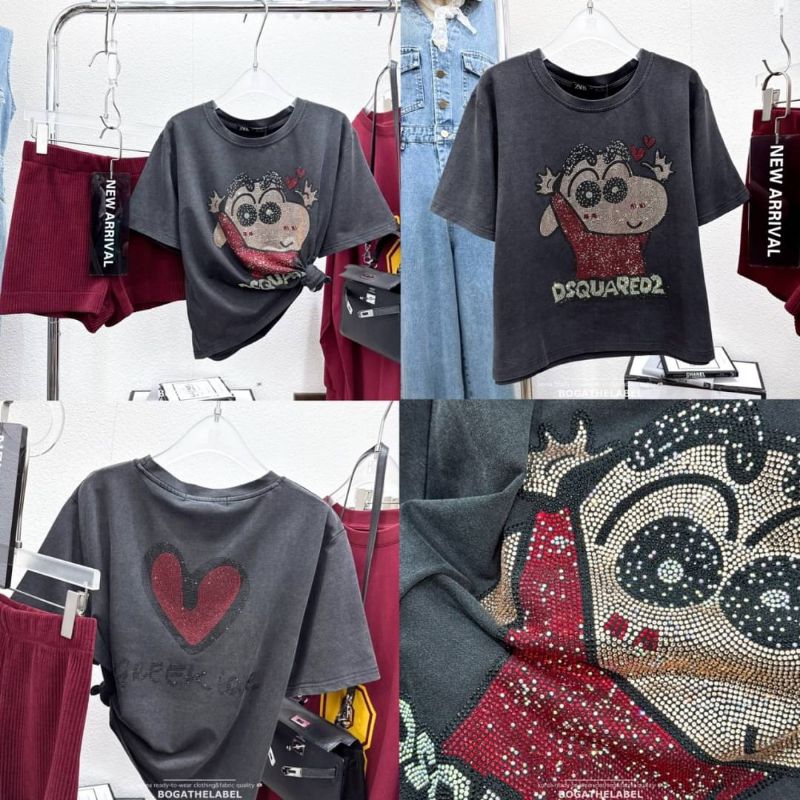 เสื้อยืดตัวสั้นผ้าคอตตอนฟอกสีเฟด ลายใหญ่รีดเพชรวิ้งๆแน่นๆทั้งหน้าและหลัง เล่นแสงสุดๆค่า