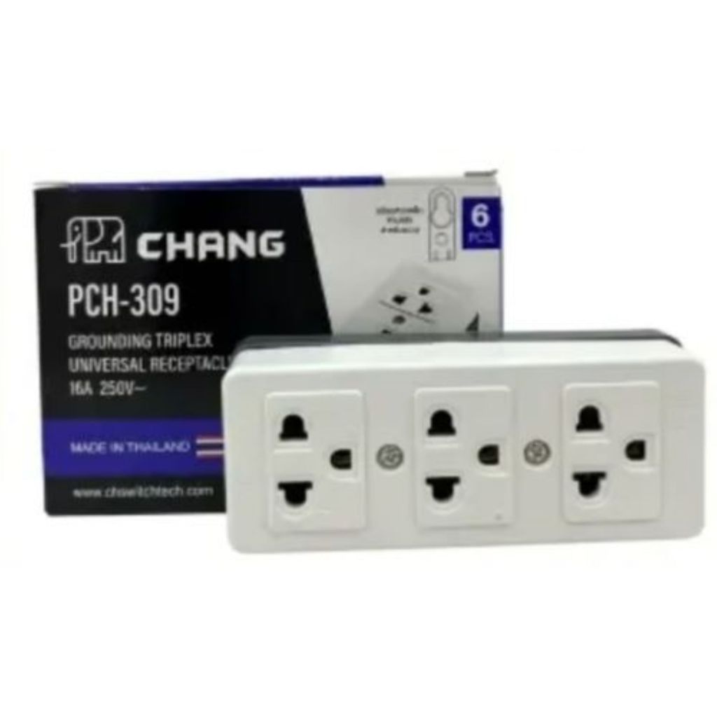 เต้ารับเสียบ 3 ที่เสียบขากลมเเบนพร้อมกราวด์ ( PCH -309 )  ปลั๊ก3ตา แบบมีกราวด์ ช้าง ( ขายยกกล่อง 1 กล่อง= มี 6 ชิ้น)