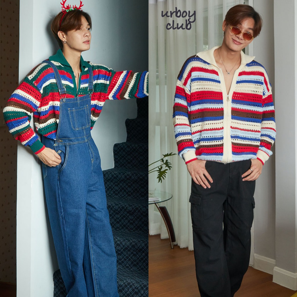 Urboyclub - HOHO sweater เสื้อสเวตเตอร์คริสต์มาสผู้ชาย สเวตเตอร์แขนยาวลายทาง เสื้อคริสต์มาส เสื้อไหมพรมสีเขียวปีใหม่