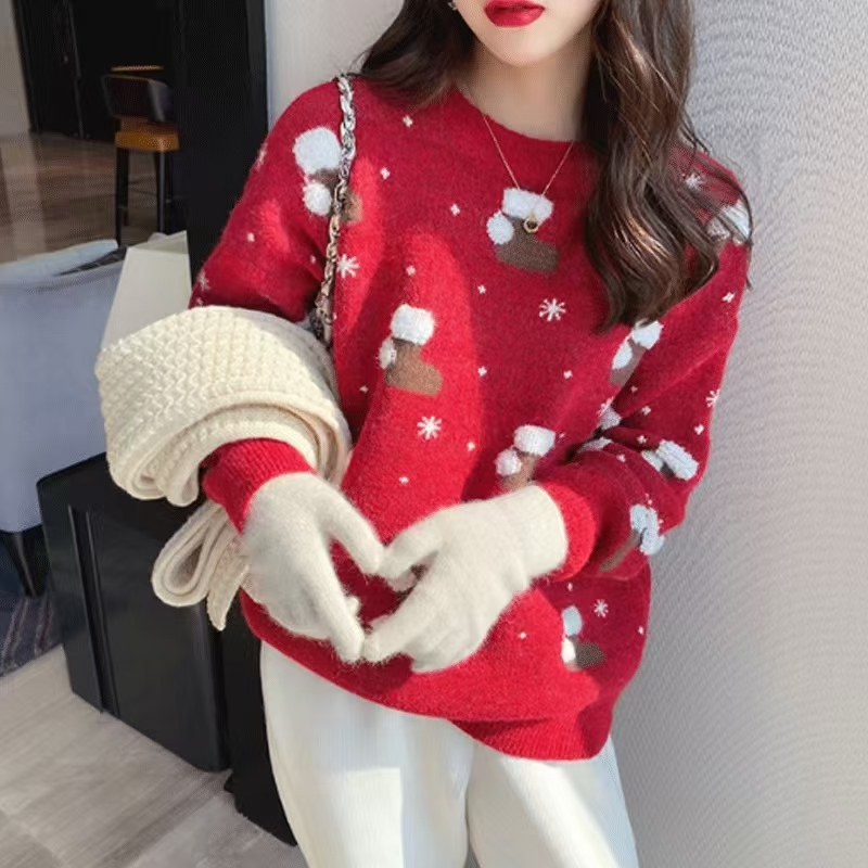 เสื้อกันหนาว เสื้อไหมพรมแขนยาวผู้หญิง แฟชั่นผู้หญิงคอกลม คริสต์มาสChristmas ผ้าดีใส่สบาย