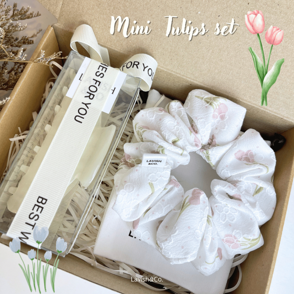 [พร้อมส่ง] Mini  Tulips set  กิ๊ฟหนีบผม  เปลี่ยนสี 11 ซม  +Scrunchies 13*13 CM   ฟรีติดชื่อ+กล่องครบเซต