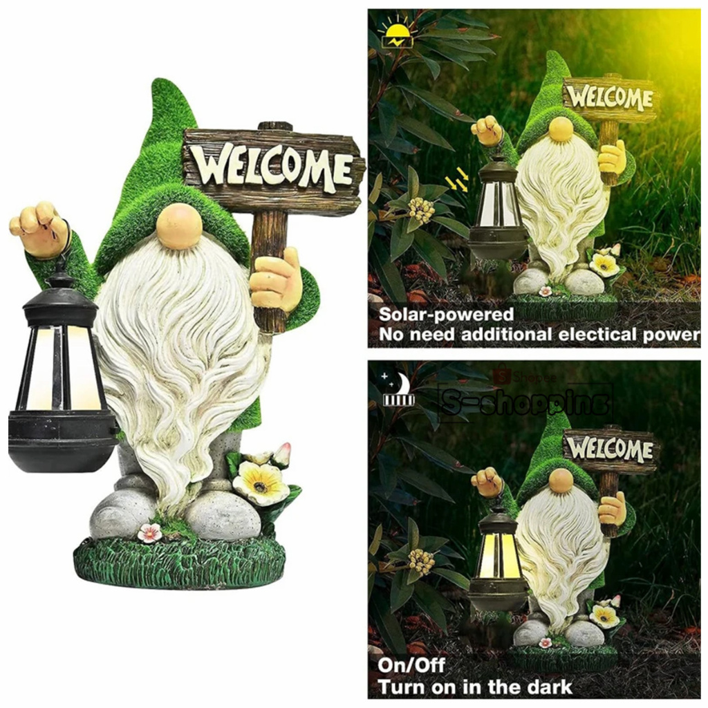 SZ-เอลฟ์แคระ WELCOME ไฟเหลือง โคมไฟ พลังงานแสงอาทิตย์โซล่าเซลล์   1 LED สำหรับตกแต่ง