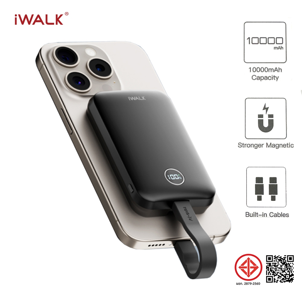 iWALK Power Hybridแบตสำรองไร้สาย10000mAh30WFastChargeพร้อมสายชาร์จในตัวรองรับ iPhone17,16,15,Samsung