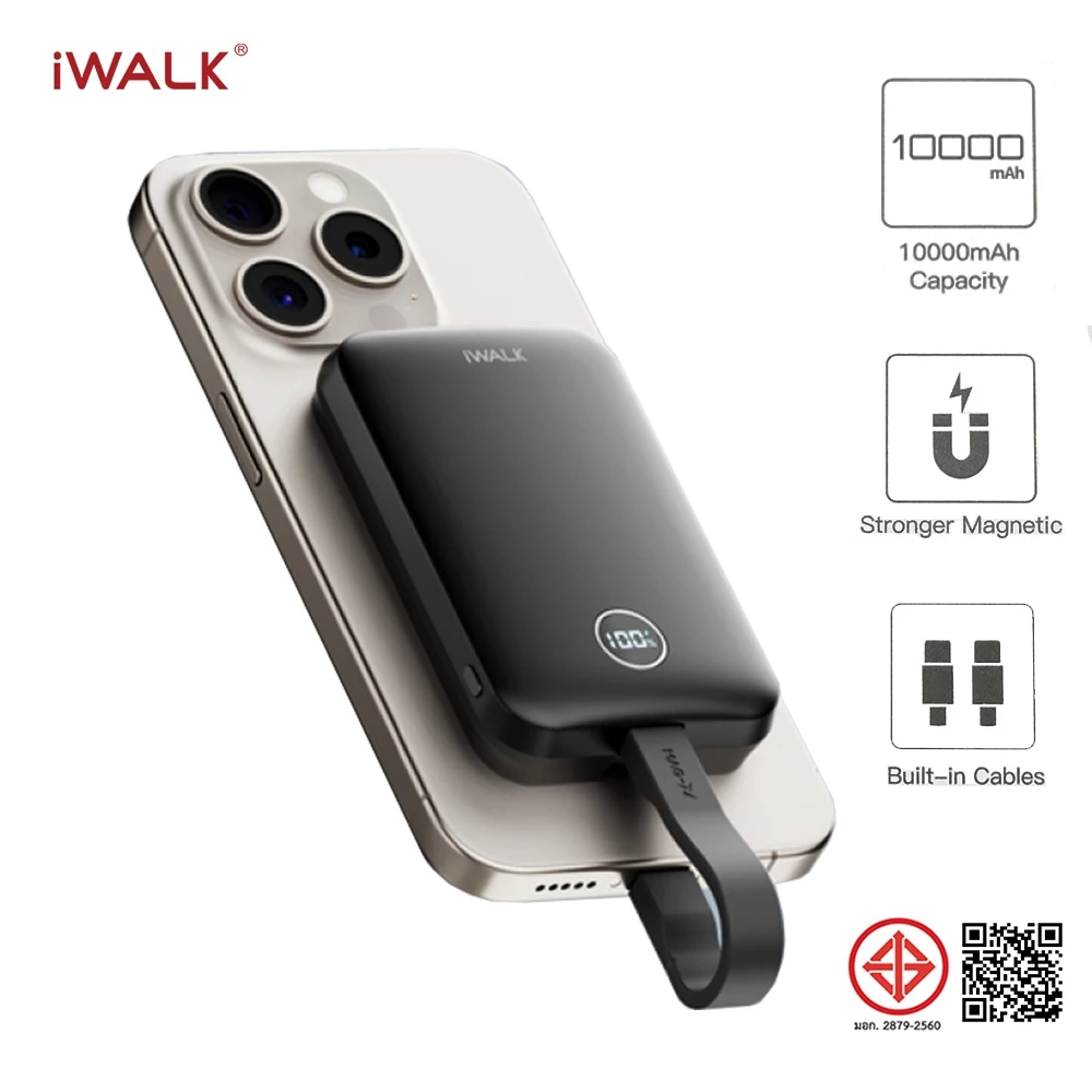 iWALK Power Hybridแบตสำรองไร้สาย10000mAh30WFastChargeพร้อมสายชาร์จในตัวรองรับ iPhone17,16,15,Samsung