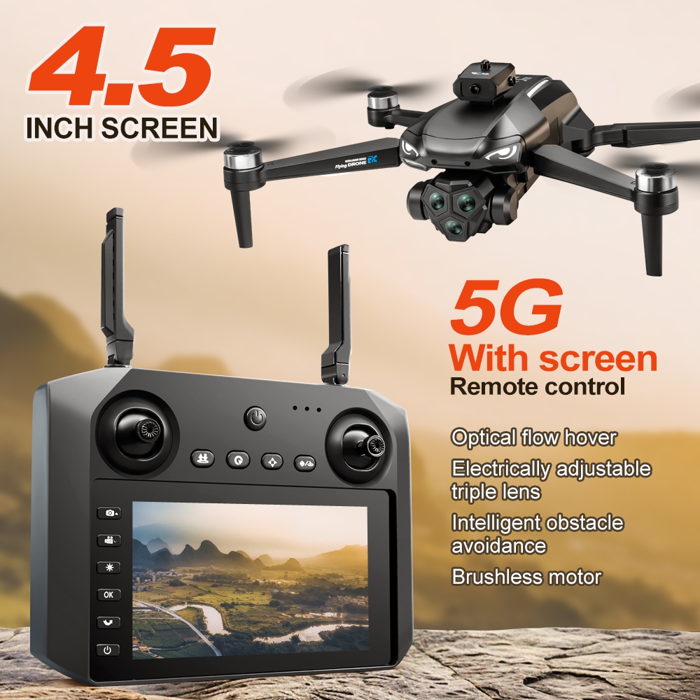 อัพเกรดด้วยหน้าจอ 4.5 นิ้วรีโมทคอนโทรล 4K Drone Eat Ultra Clear มุมกว้างปรับไฟฟ้า 3 เลนส์ Brushless ง่ายต่อการควบคุม