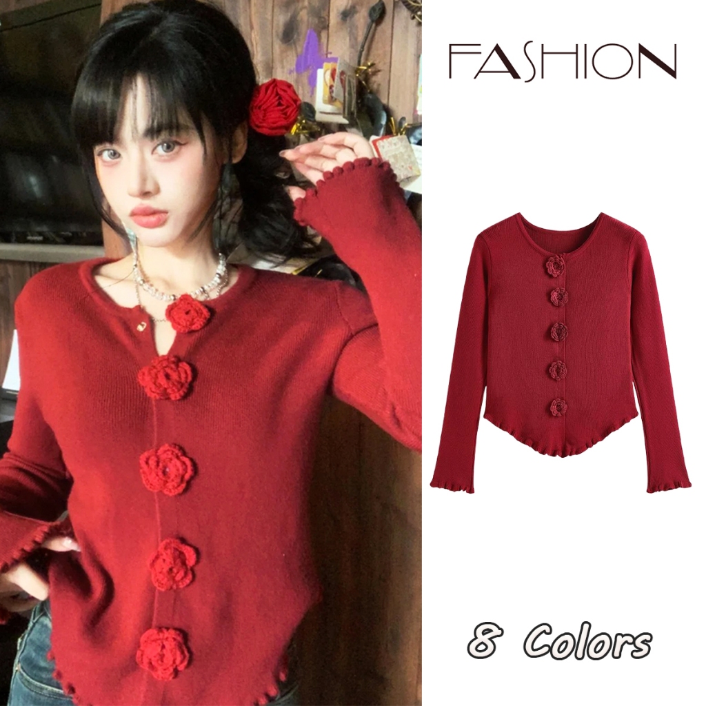 KOKO#โบว์สเวตเตอร์คริสต์มาส ทรงเข้ารูป แขนยาว สไตล์เกาหลีเสื้อถักแขนยาวลายดอกไม้สามมิติ#M042-1
