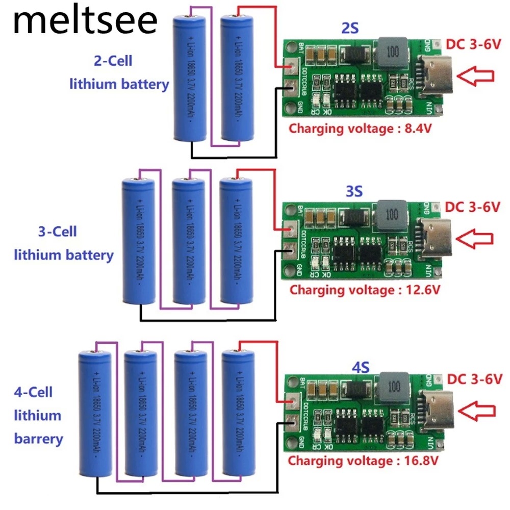 บอร์ดชาร์จแบตเตอรี่ลิเธียม2S 3S 4S Type-C เป็น 8.4V 12.6V 14.8V  4A