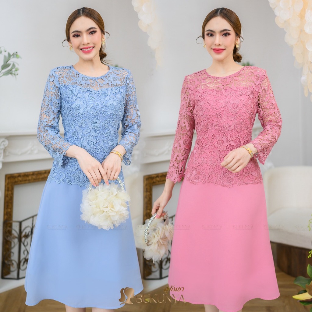 6785:เดรสลูกไม้ เนื้อผ้าดีสวยงามตัวเสื้อใช้ลูกไม้กระโปรงเป็นผ้าชีฟอง