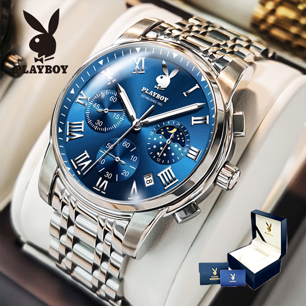 PLAYBOY （ขายแฟลช） สปอตสินค้า นาฬิกาผู้ชาย กันน้ำ ธุรกิจ พร้อมกล่อง ดูเวลา ดูวันที่ เรืองแสง สายสเตนเลส รับประกัน 3 ป