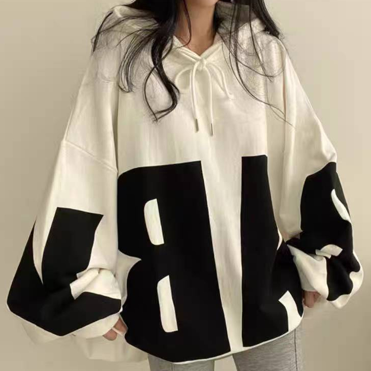 เสื้อแขนยาวฮู้ดแบบสวม Oversize (อก 58 นิ้ว) แฟชั่นยอดฮิต พิมลาย AB ไม่มีกระเป๋า ผ้าคอตตอล B95