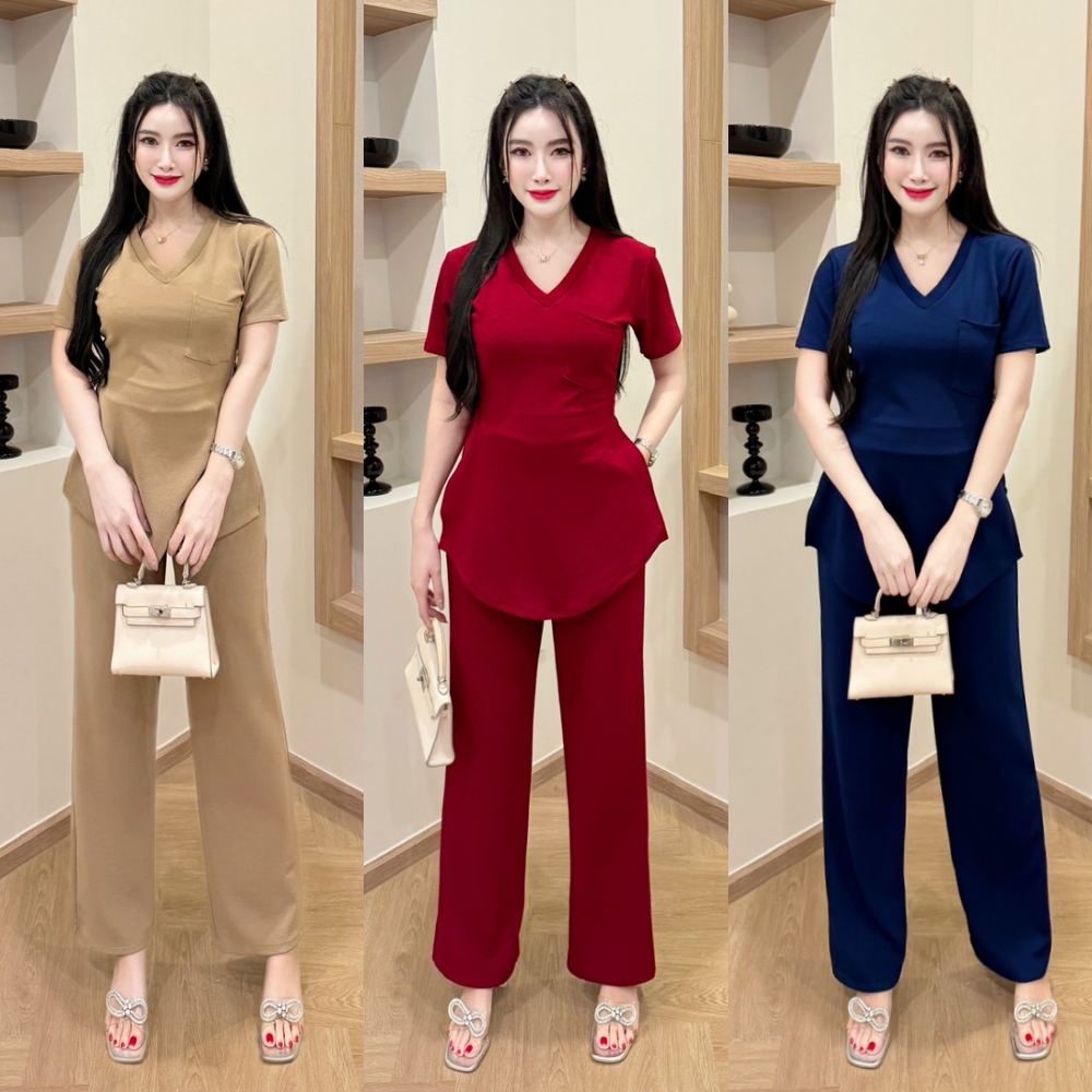 พร้อมส่ง ชุดเซตยาวผ้าวูลเวฟ เสื้อทรงยาวคอวีกระเป๋าหน้าผ่าข้าง+กางเกงเอวเรียบสม๊อคหลังมีกระเป๋า A5429