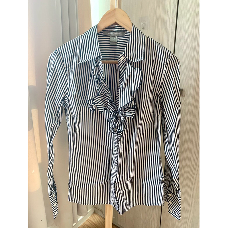 เสื้อเชิ๊ตลายทาง คอวี แต่งระบาย อกเสื้อ 36 รหัส pe05