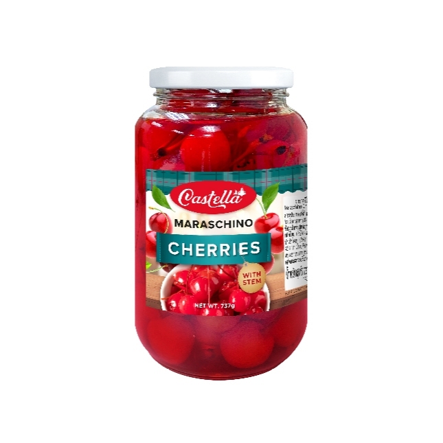 CASTELLA Maraschino Cherry 737g.- คาสเทลล่า เชอรี่มาราชิโน่มีก้าน เชอรี่แดง เชอรี่เชื่อม 737กรัม