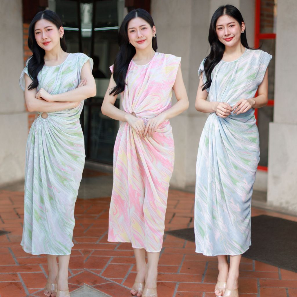 NOOZZSHOP 4911381 เดรสผ้าพลีท แขนสั้น จีบรูดเอว