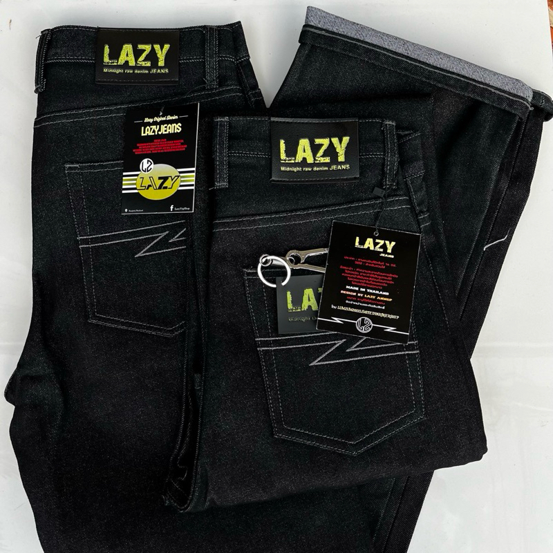 LAZYผ้าดิบ16Ozและ14Ozดีเทลใหม่ล่าสุดกางเกงยีนส์กระบอกใหญ่ แถมป้าย แถมตะขอ