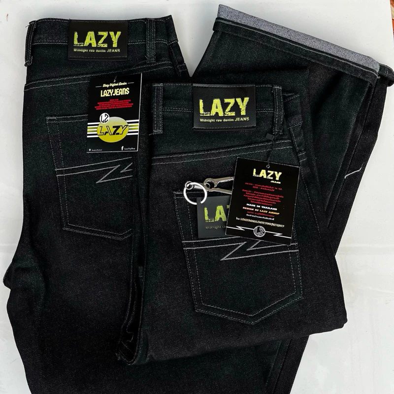 LAZYผ้าดิบ16Ozและ14Ozดีเทลใหม่ล่าสุดกางเกงยีนส์กระบอกใหญ่ แถมป้าย แถมตะขอ