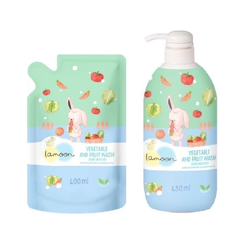 Lamoon น้ำยาล้างผักและผลไม้ ออร์แกนิค ละมุนเบบี้ ขวดปั๊ม450ml ถุงรีฟิล 400ml