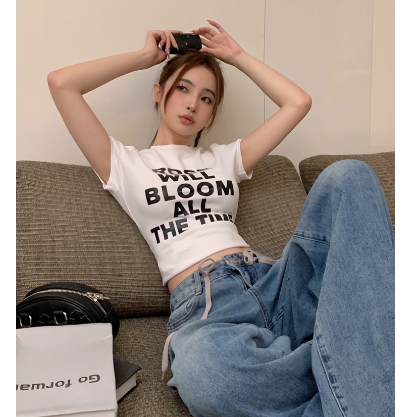 เสื้อครอปหญิง เสื้อยืดคอกลม สไตล์วินเทจ ผ้าคอตตอน100% เเบบลำลอง สาวฮอตต้องมี #020275 - รูปที่ 2