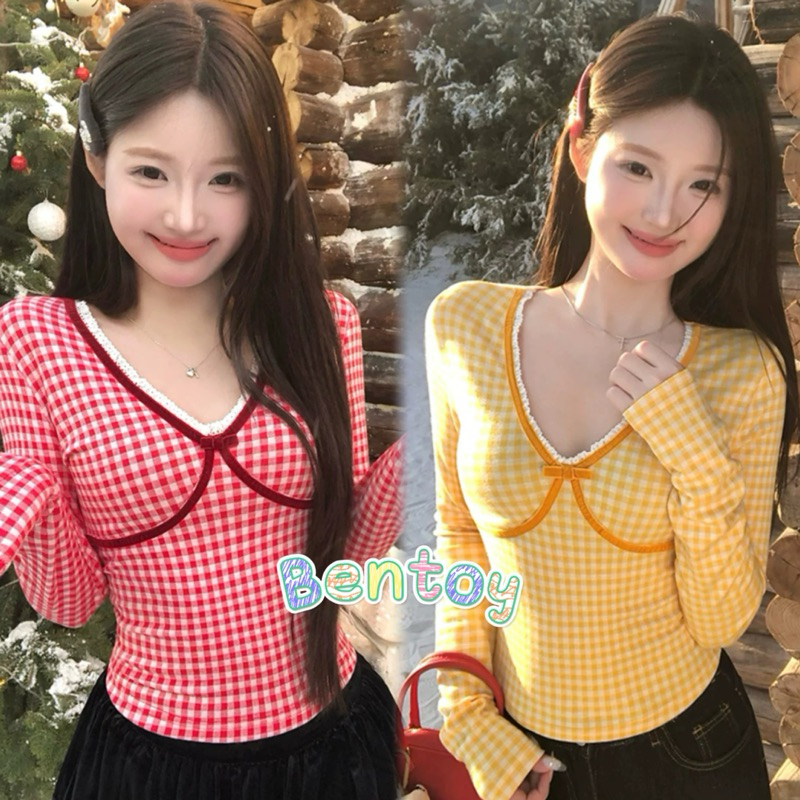 Bentoy(1610)เสื้อยืดแขนยาว คอวี ลายสก็อต แต่งขอบลูกไม้เล็กๆ สีสดใส น่ารักมาก