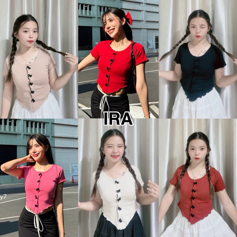 BY IRA พร้อมส่ง เสื้อยืด แขนสั้น คอกลม เอวสูง ทีเทลกรดุมโบว์ ทรงสลิมฟิต สไตล์เกาหลี แฟชั่นฤดูร้อน