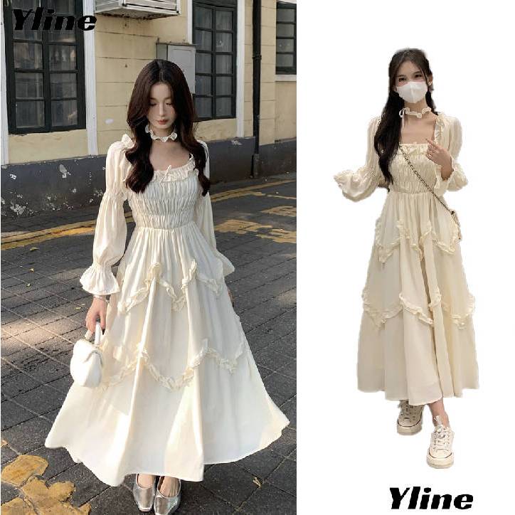 YLINE ชุดฝรั่งเศสแขนยาวนางฟ้ากระโปรงเอวผอมและอ่อนนุ่มกระโปรงสีขาว
