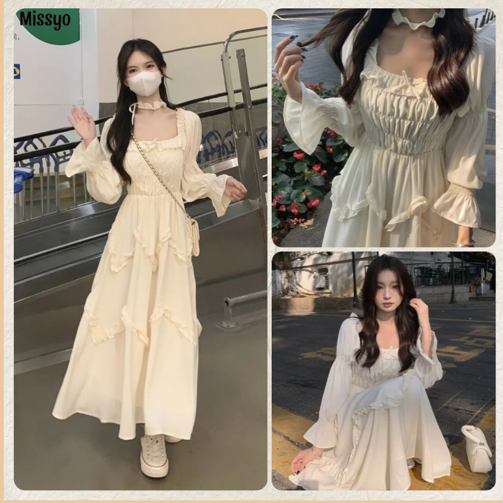 MISSYO ชุดฝรั่งเศสแขนยาวนางฟ้ากระโปรงเอวผอมและอ่อนนุ่มกระโปรงสีขาว