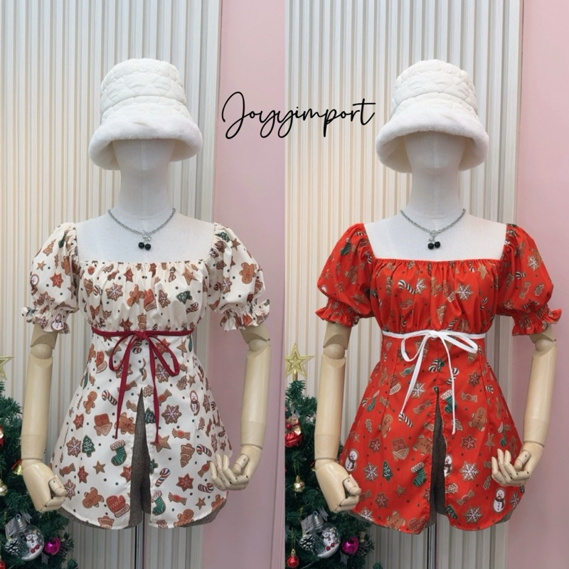 เสื้อคริสมาสต์แขนตุ๊กตาผ่าหน้าแต่งกุ๊นโบว์ no.1001