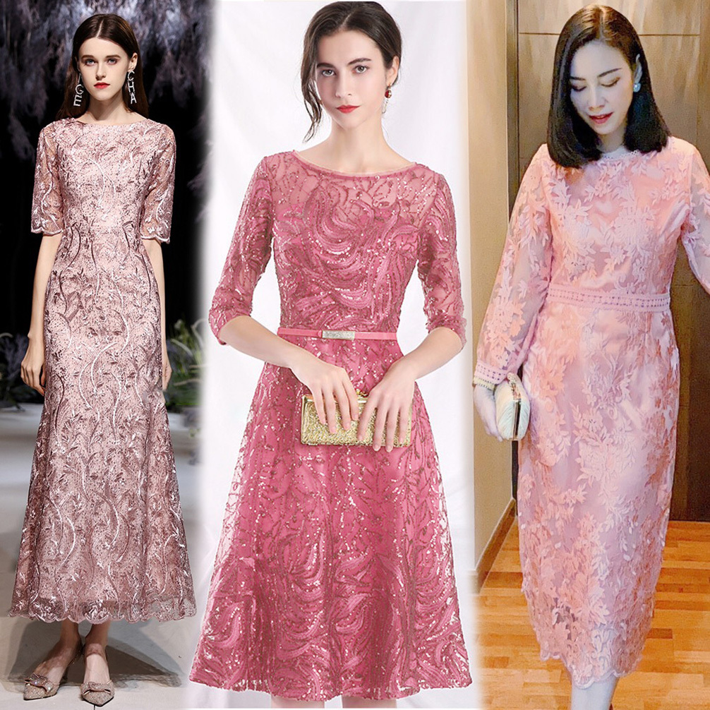 M-XL✨ชุดเดรสลูกไม้โทนสีชมพูโรสโกล ชมพูกะปิ