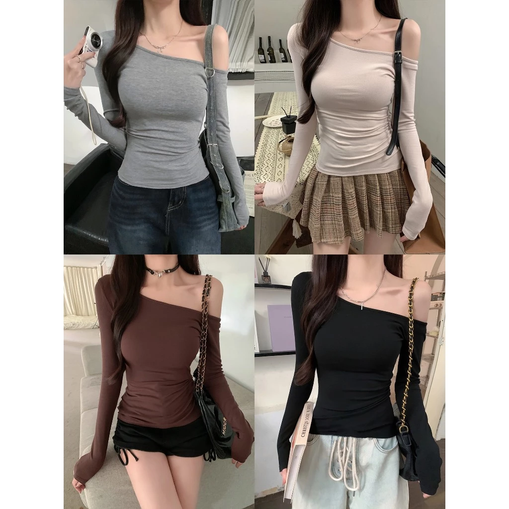 เสื้อยืดผู้หญิง เสื้อยืดเเขนยาว ทรงรัดรูป เปิดไหล่ ทรงลิฟฟิต รัดรูปสวย #1502276