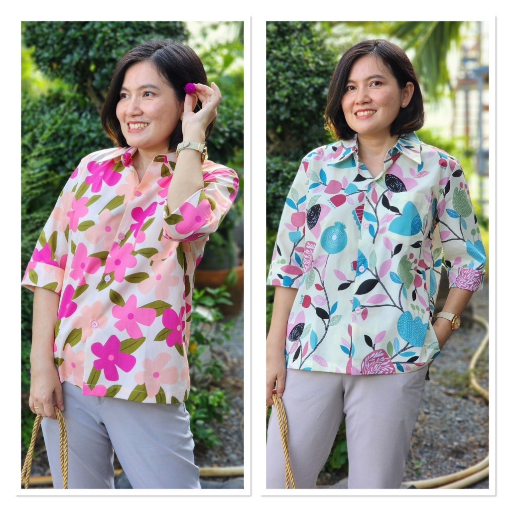 Tissara Boutique ทิศราเสื้อเชิ้ตผู้หญิง แขนสามส่วน เอวตรง ผ้าคอตตอน 100% สีสันลายดอกสดใส