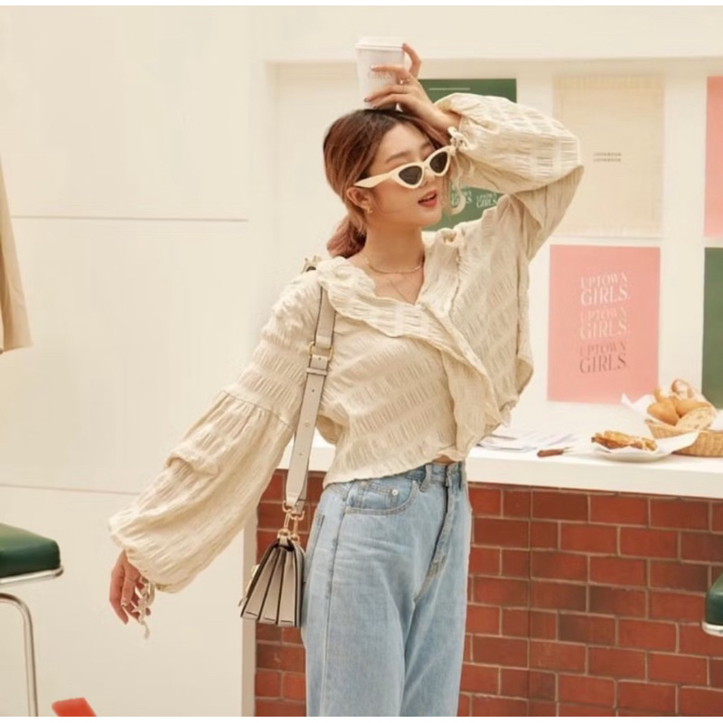 lookbook waffle top beige scott เสื้อแขนยาวลายสก็อตสีเบจ #lookbooklookbook