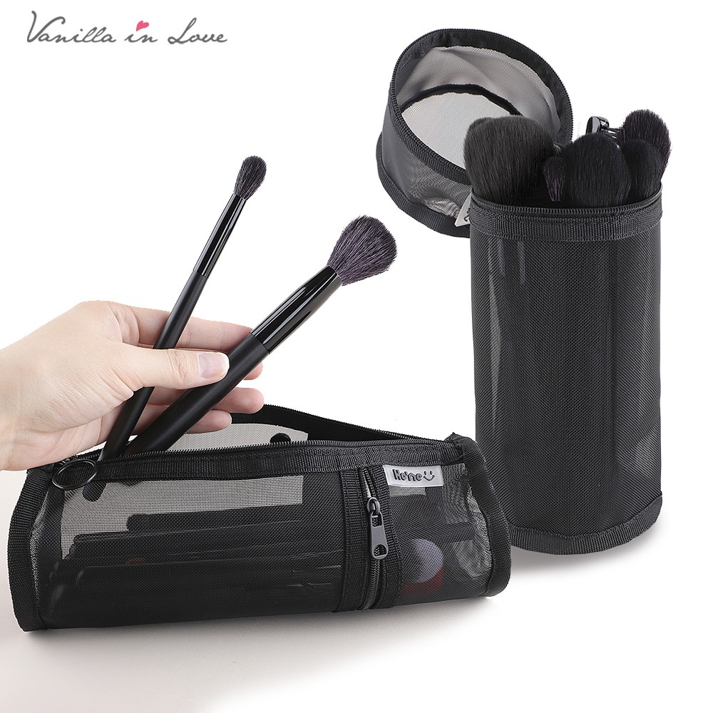 BG178 กระเป๋าซิปตาข่ายสีดำ สำหรับใส่แปรงแต่งหน้า กระเป๋าใส่เครื่องสำอาง ทรงกระบอก Makeup Brush Tube