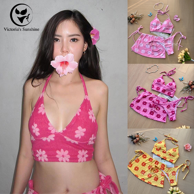 🌺Victoria's Sunshine🌺ชุดว่ายน้ำ รุ่นใหม่ เซ็ต3ชิ้น sexy swimsuit ผ้าพลัฌใส่สบาย มีฟองน้ำ#0435