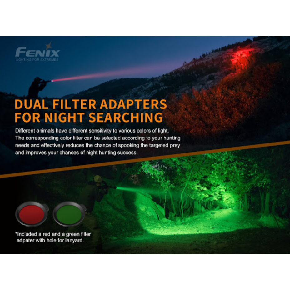 ไฟฉายFenix HT18  1500 lm เน้นลำแสงพุ่ง 925 เมตร   พร้อม filter เขียวและ แดง ครบชุดพร้อมใช้งาน