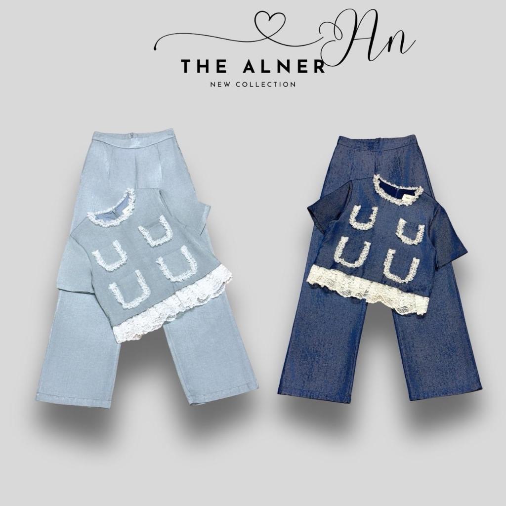 AN724 เซ็ตเสื้อคอกลมแต่งกระเป๋าลูกไม้ + กางเกงขายาว The Alner Women Clothing ผู้หญิง