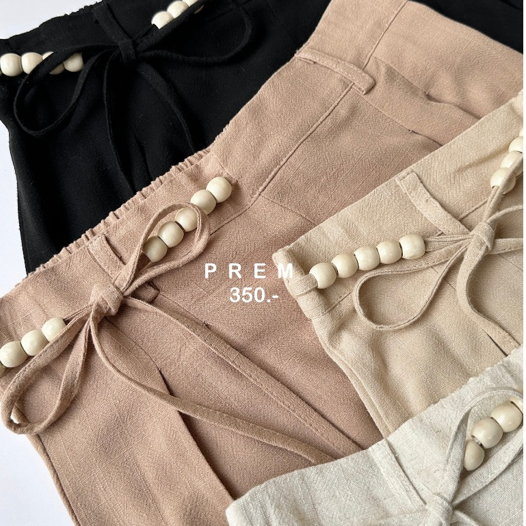 ✨🎀กางเกงมัฟฟิ่น TWO ขายาว ทรงกระบอก ผ้าลินิน แต่งโบว์ลูกปัด ใส่สบาย (#295-1)✨🎀