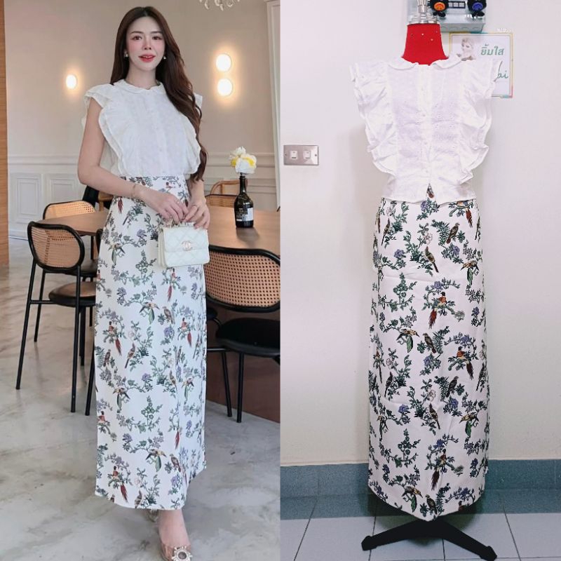 ป้าย NT Princess เซ็ตเสื้อลูกไม้ปักฉลุแต่งระบาย พร้อมกระโปรงลายนก