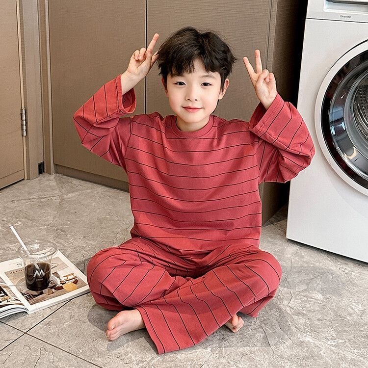 110~170cm ชุดนอนเด็กผู้ชาย เสื้อผ้าของเด็กชาย ลายขวาง สีน้ำเงินกรมท่า สีขาว สีแดง เสื้อแขนยาว+กางเกงขายาว