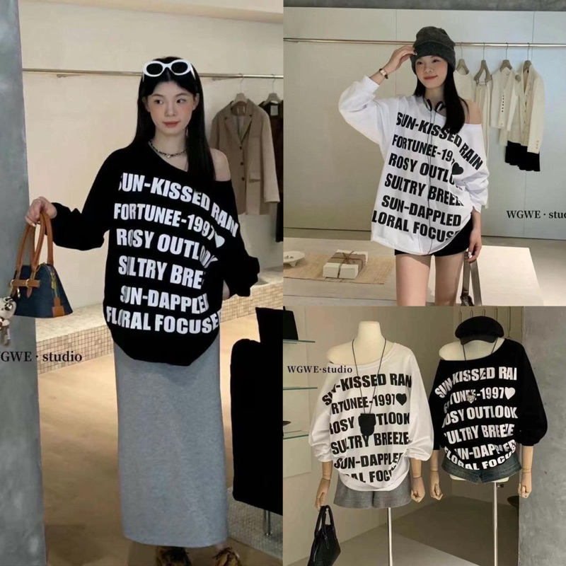 เสื้อคอกว้างแขนยาว ปาดไหล่ สกรีนลายอักษรด้านหน้า เนื้อผ้าหนา นิ่มอย่างดีค่ะ #2667 TAG WG.WE
