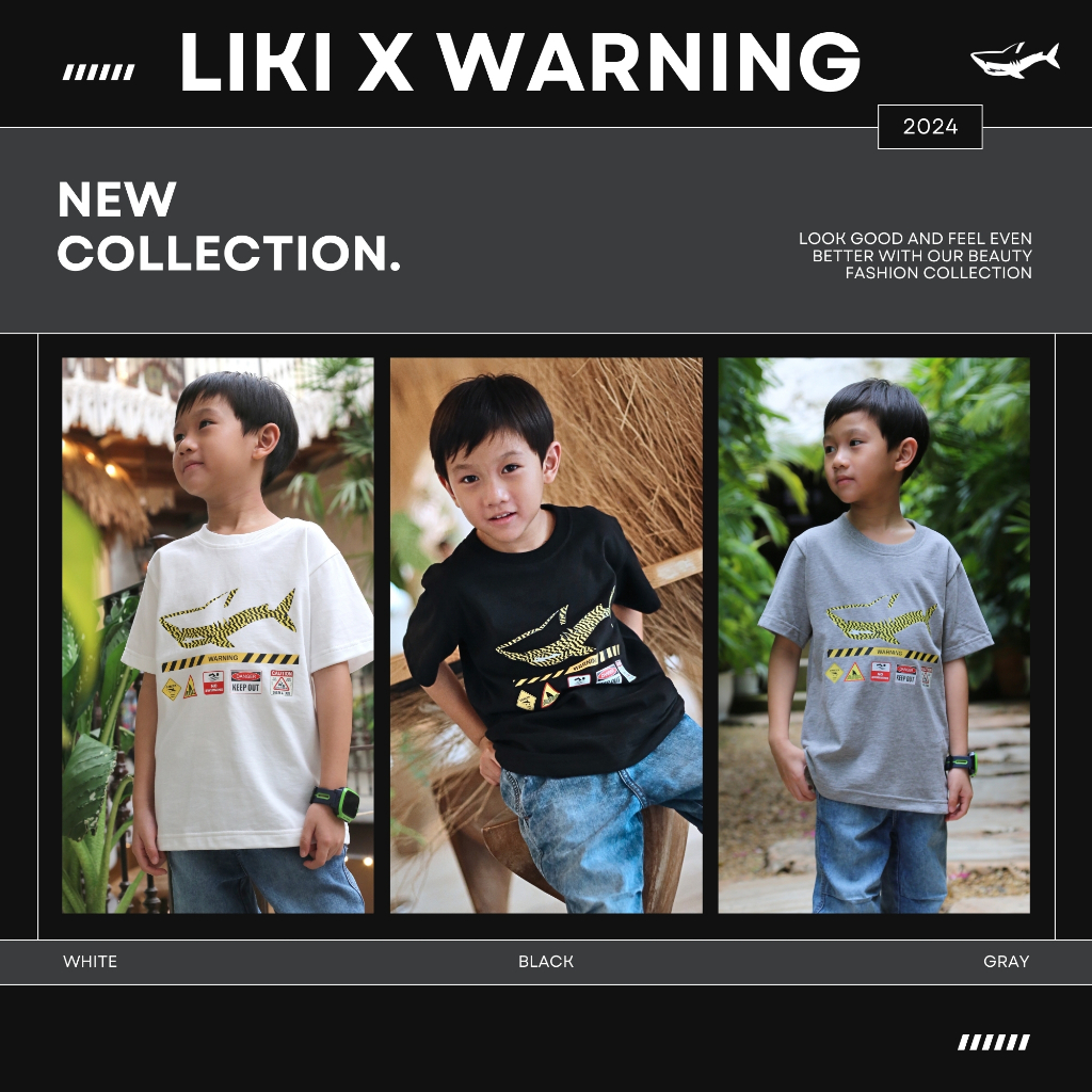 เสื้อเด็ก LIKI X WARNING มาพร้อมกับดีไซน์ป้ายคำเตือนฉลามสุดเท่ห์